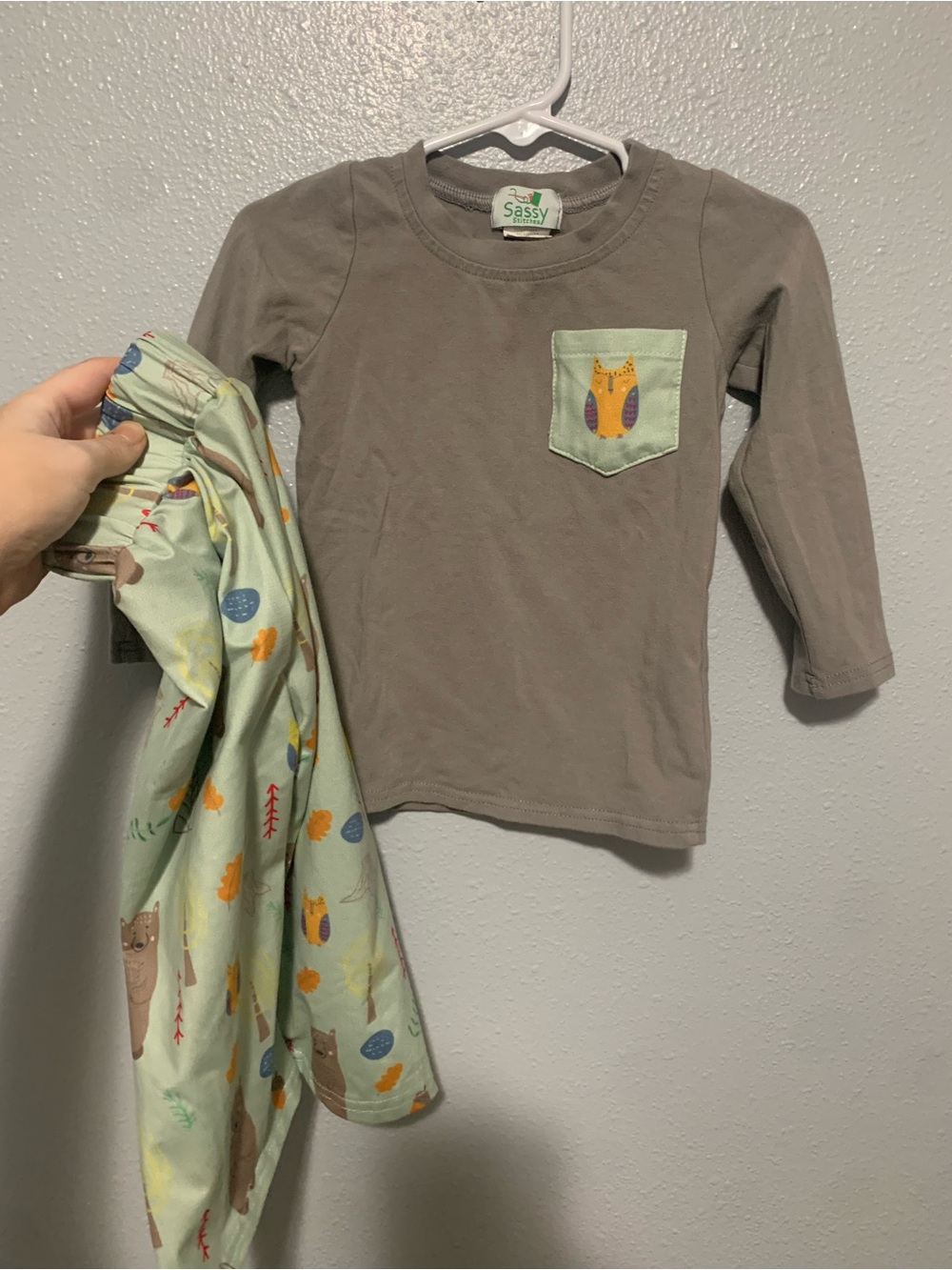 Stitches Gray Long Sleeve Tee with Mint Pocket Owl Accent
